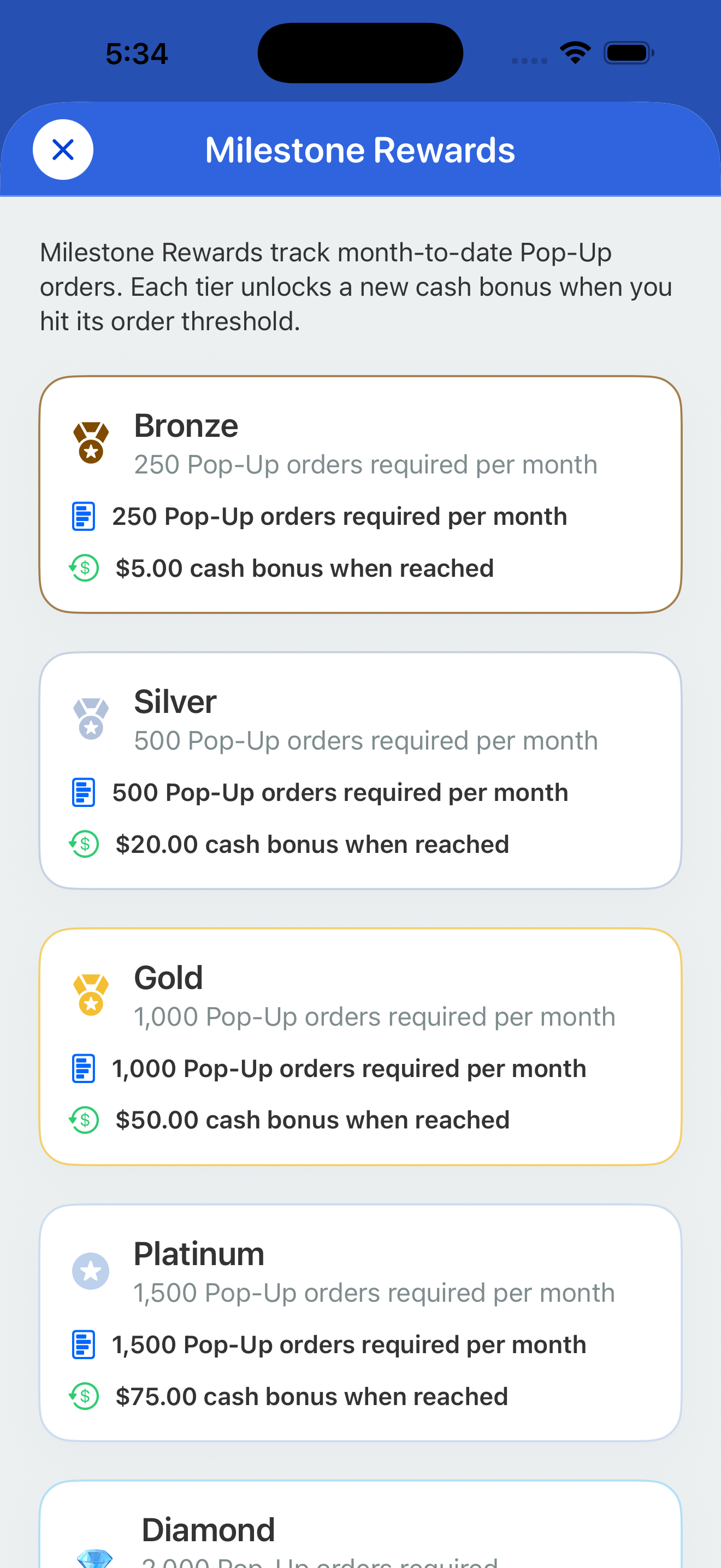 In-app Milestone Rewards screen showing bonus tiers and order thresholds