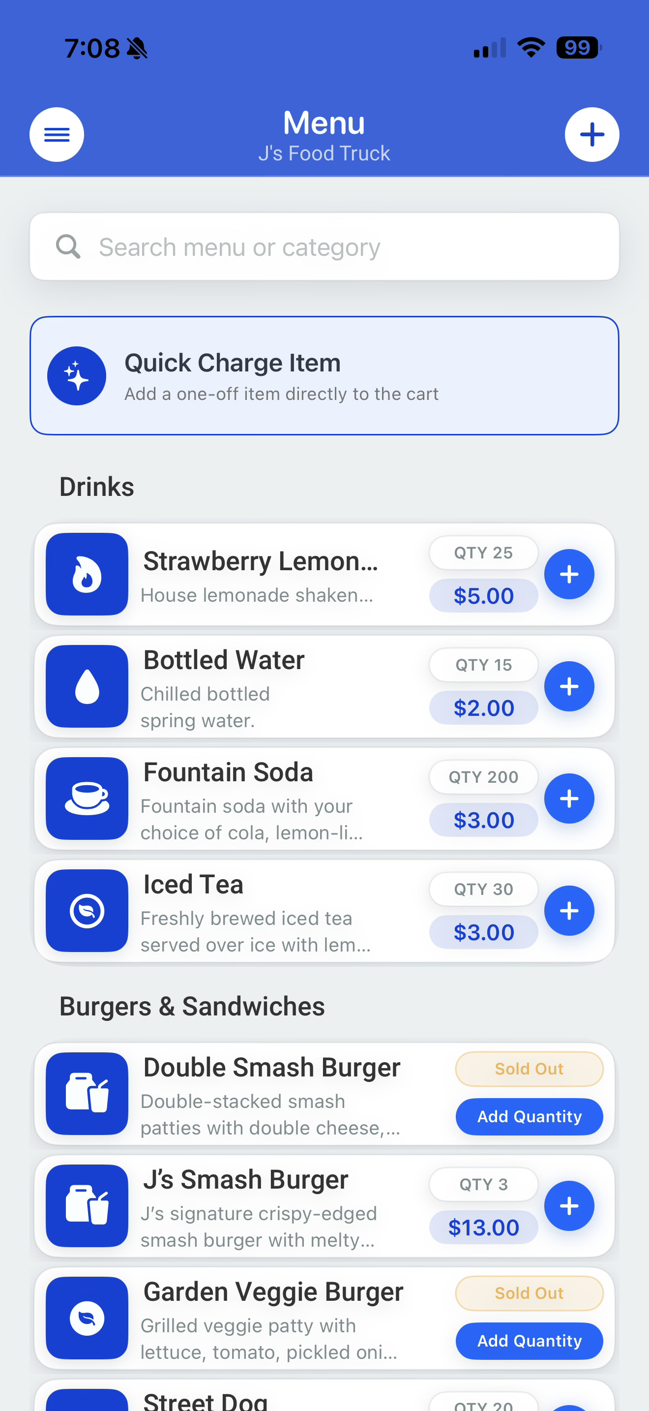Inventory management screen showing item stock levels