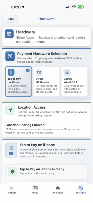 TABL Mobile hardware settings