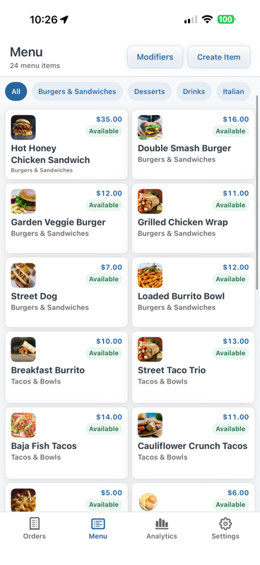 TABL Mobile menu management screen